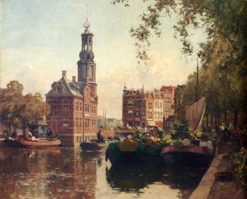 Cornelis Vreedenburgh : The Flowermarket On The Singel Amsterdam With The Munttoren Beyond